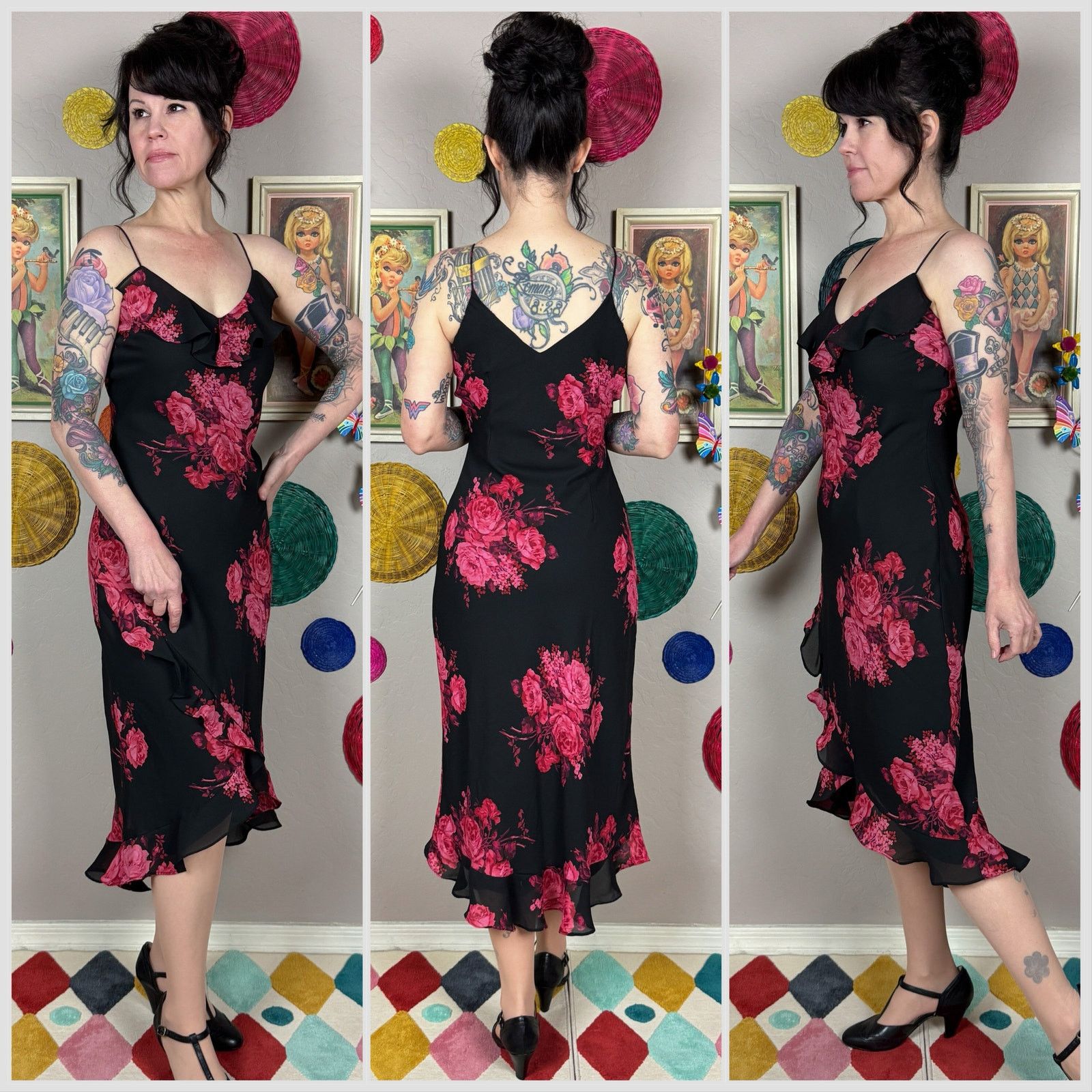 Express × Vintage Vintage Y2K Black and Pink Floral Ruffle Slipdress Size XS / US 0-2 / IT 36-38 - 2 Thumbnail