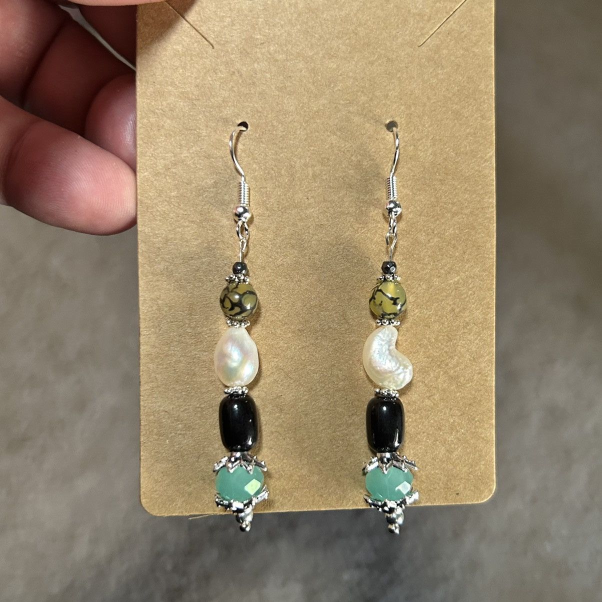 Handmade Handcrafted elegant genuine pearl dragon vein agate earrings Size ONE SIZE - 2 Thumbnail
