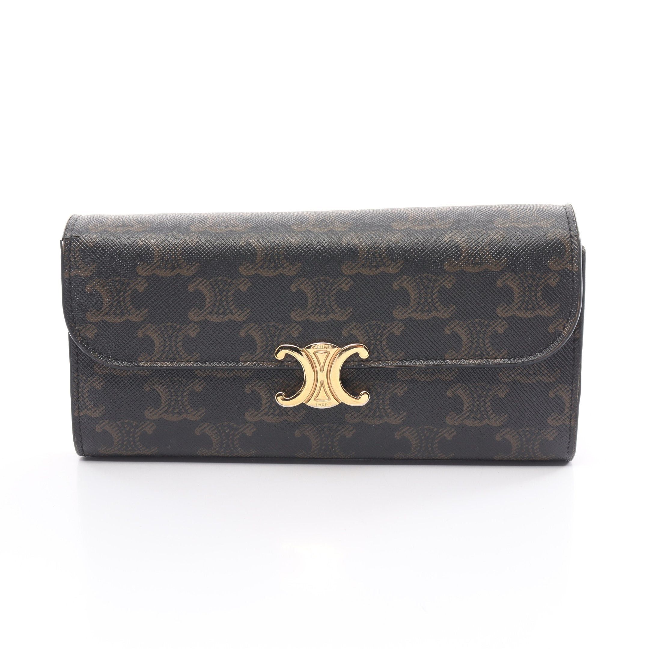 image of Celine Large Triomphe Flap Wallet Bi-Fold Long Wallet Pvc Leather Dark Brown Light Brown, Women's