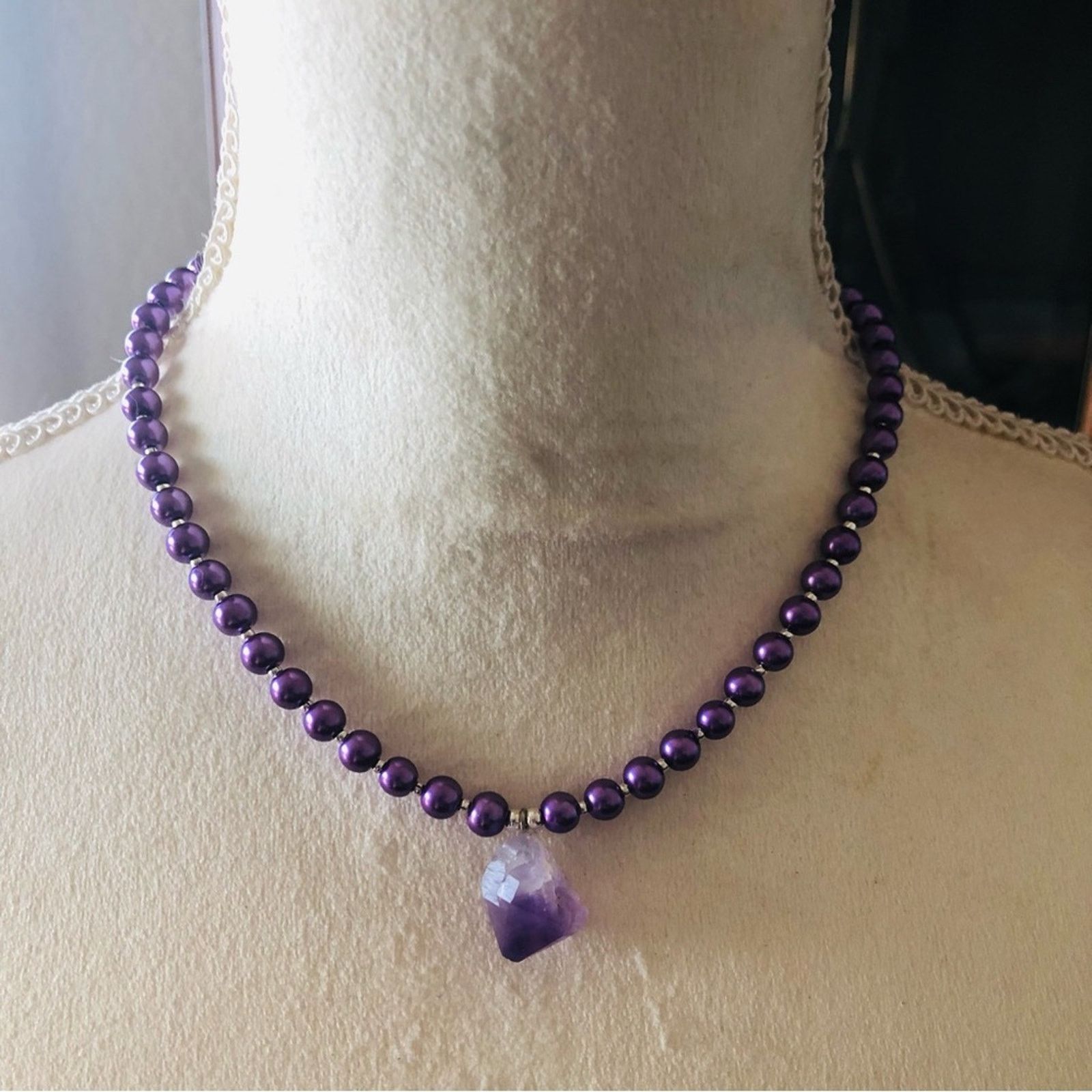 Handmade Handcrafted repurpose genuine amethyst slab Pearl necklace Size ONE SIZE - 3 Thumbnail