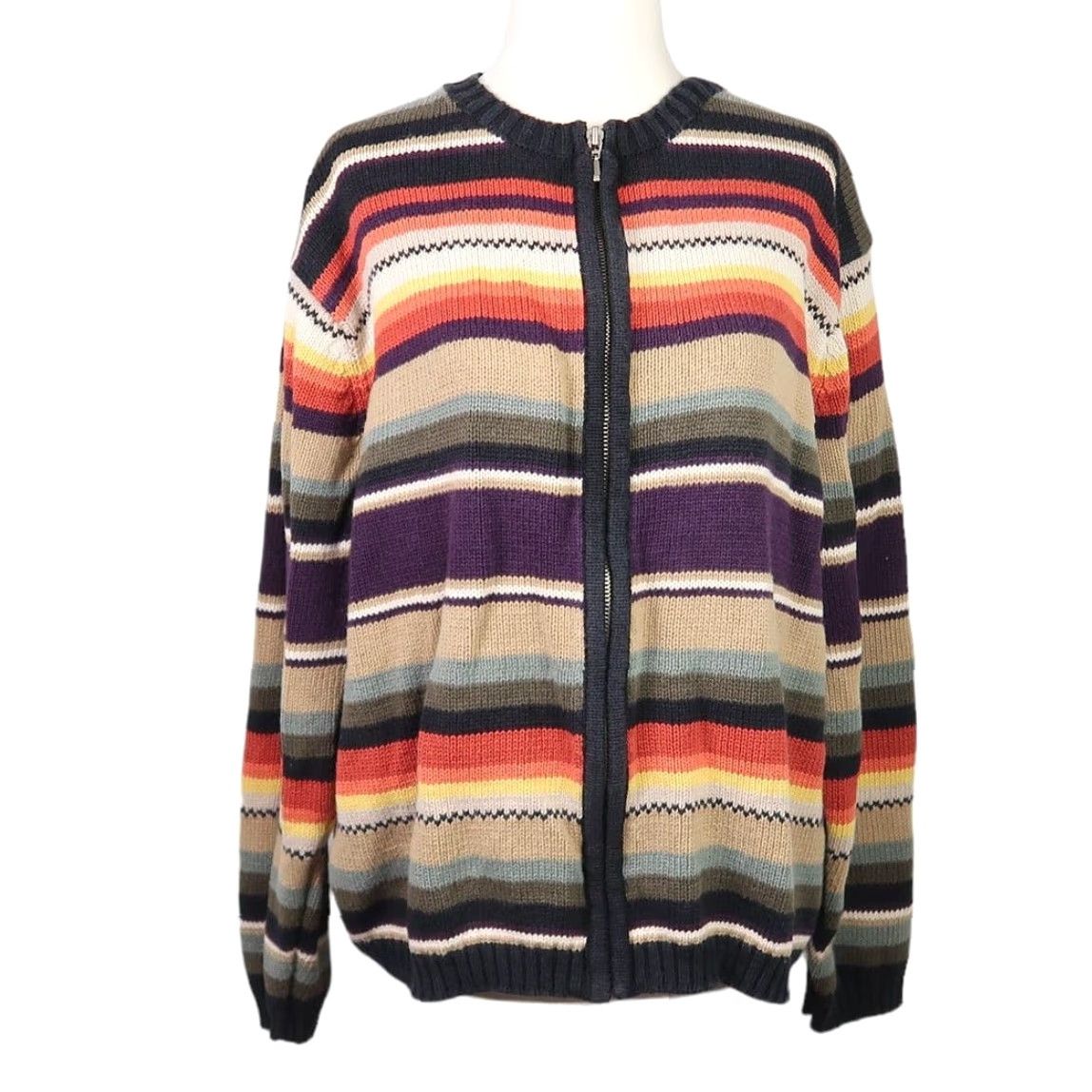 Style & Co VINTAGE 90s Style & Co Tan Stripe Knit Zip Front Cardigan Sweater L Women Modern Casual Knit Shirt Size L / US 10 / IT 46 - 2 Thumbnail
