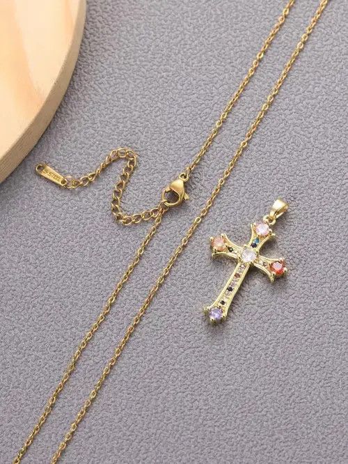 Jewelry × Vintage Retro Punk Stainless Cross Rhinestone Pendant Gold Size ONE SIZE - 3 Thumbnail