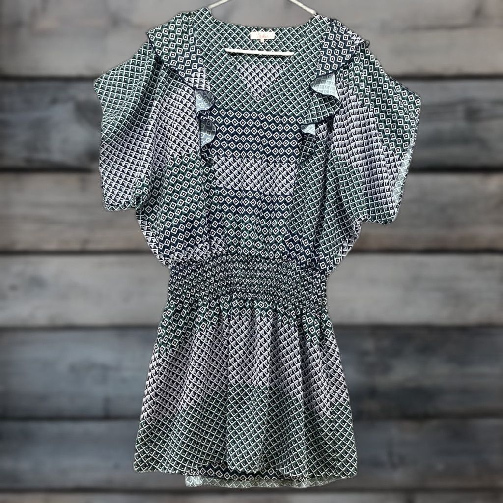 Parker Parker Mini Dress Sz M Blue Green Printed Short Sleeve A-Line Ruffle Smocked Geometric V-Neck Cap/Short Sleeve? Size 32" / US 10 / IT 46 - 1 Thumbnail
