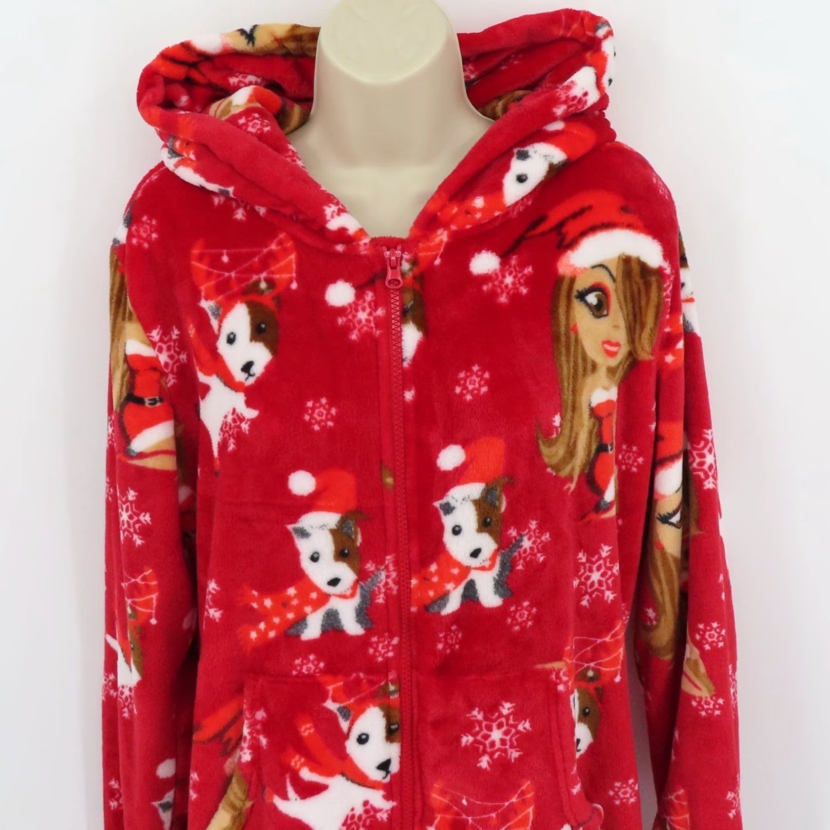 Vintage Mariah Carey Pajama Hooded One Piece Jumpsuit Christmas Holiday Adult Medium Red Polyester Fleece Zip Pocket Women Clothing Size 32" / US 10 / IT 46 - 2 Thumbnail