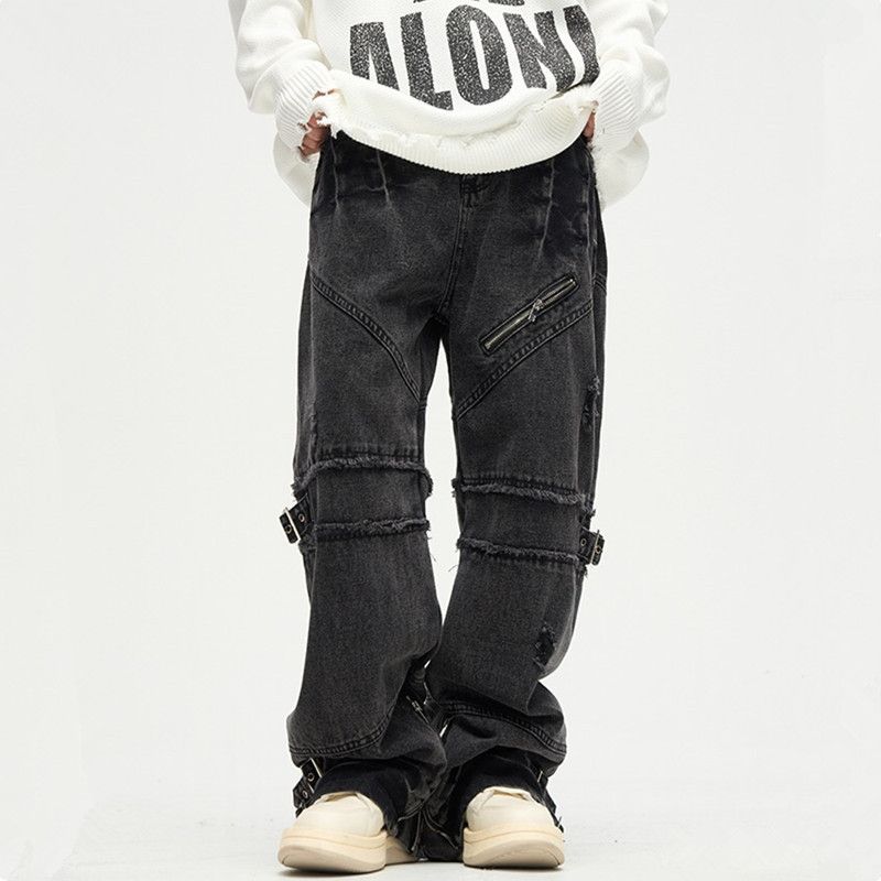 Jean Black Baggy Ripped Stack Jeans Cargo Size US 31 - 1 Thumbnail