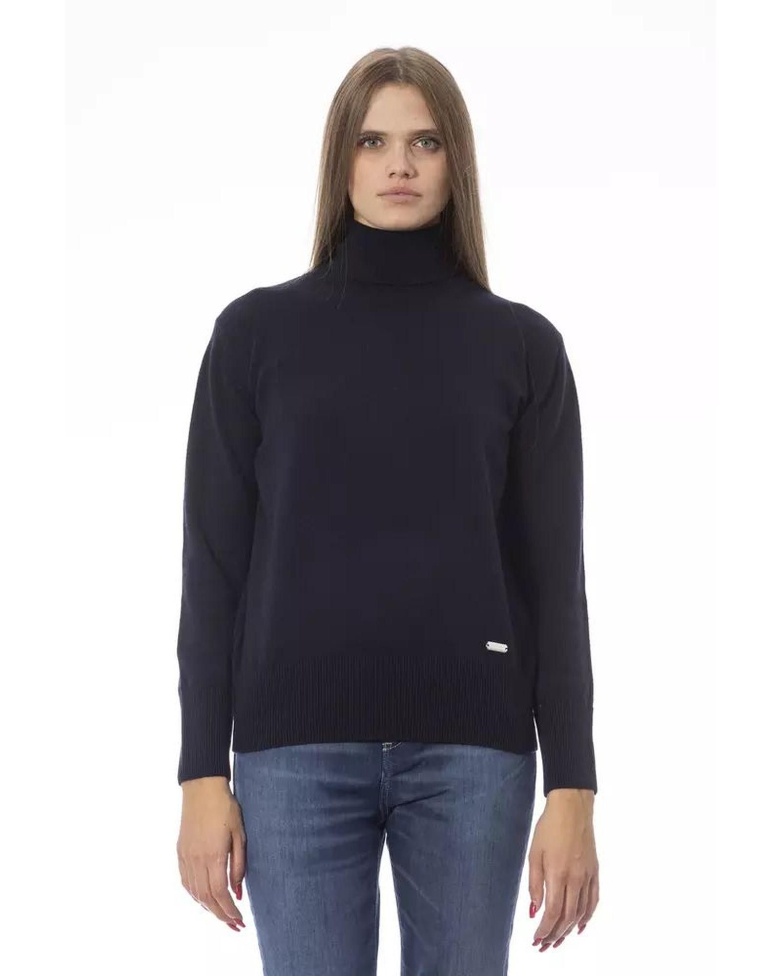 image of Baldinini Wool Turtleneck Sweater With Ribbed Knit Details in Blue, Women's (Size Medium)