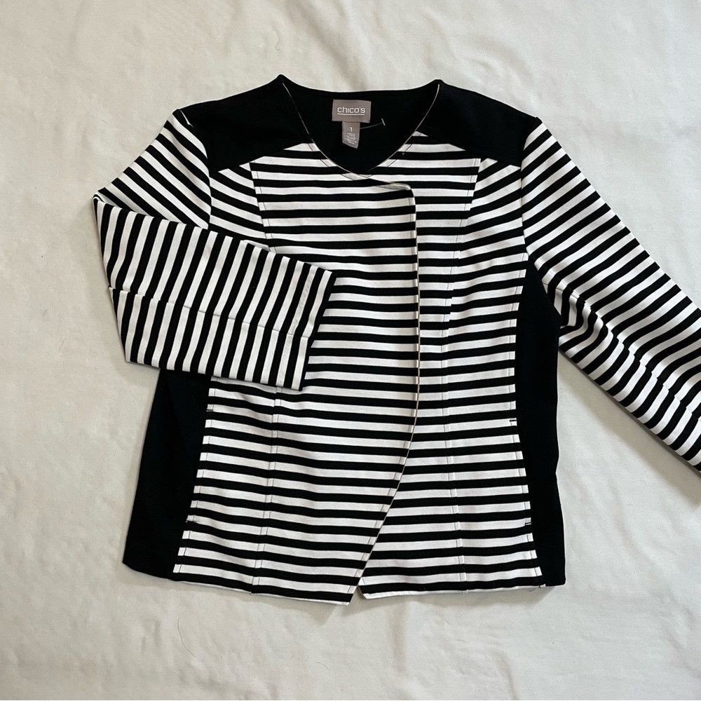 Chicos New Chico's Striped Blocked Moto Jacket Size 1 US M Size M / US 6-8 / IT 42-44 - 8 Thumbnail