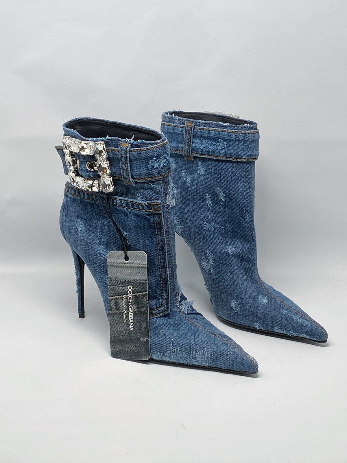 Dolce & Gabbana DOLCE & GABBANA denim ankle boots with rhinestone buckle Size US 7 / IT 37 - 4 Thumbnail