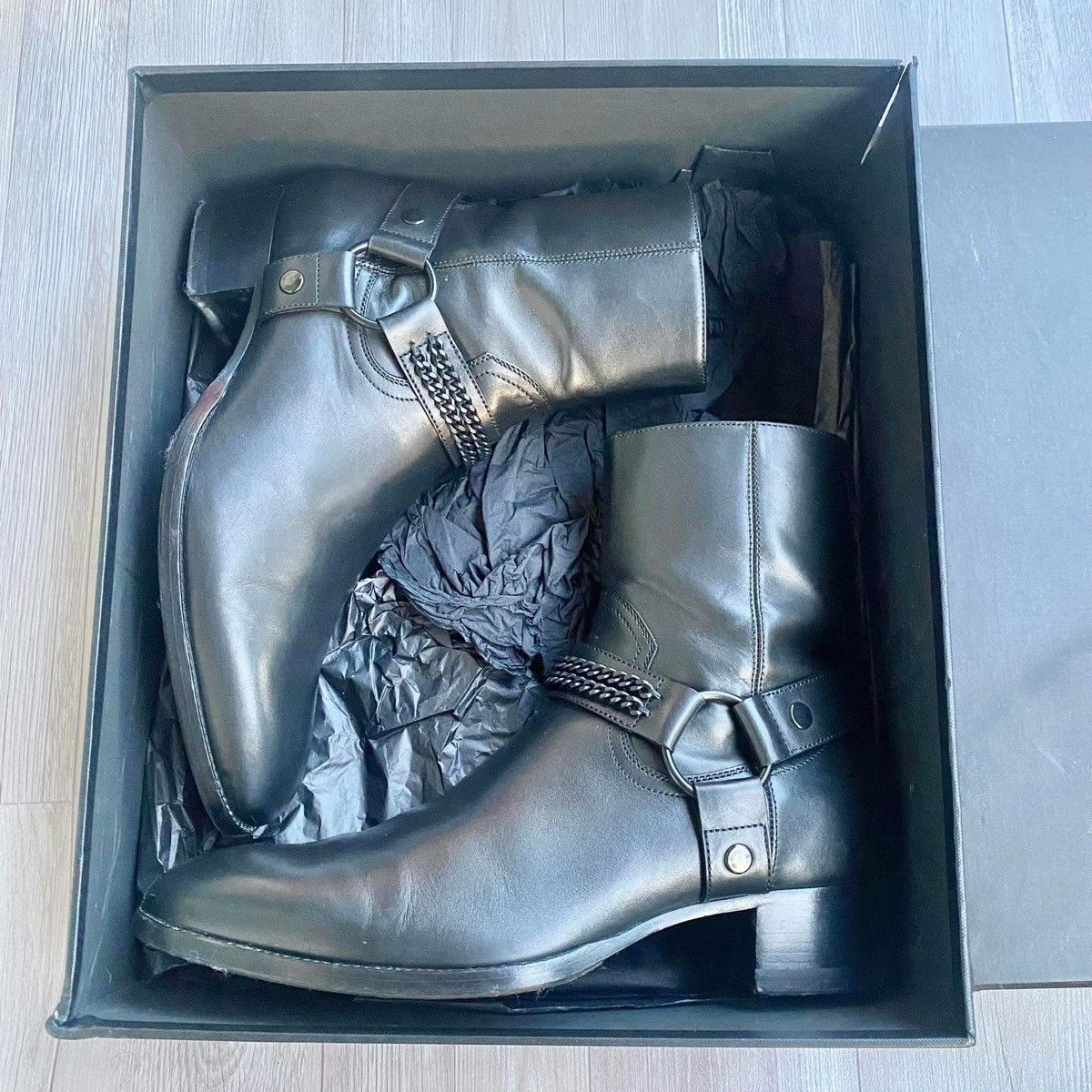 image of Saint Laurent Paris Saint Laurent Black Chain Wyatt Harness Leather Boots, Men's (Size 8)