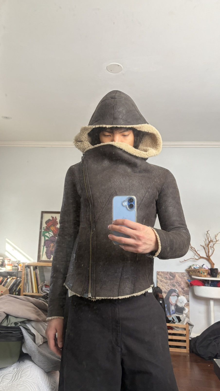 Helmut Lang Helmut Lang hooded asymmetric shearling brown leather jacket Size S / US 4 / IT 40 - 4 Thumbnail