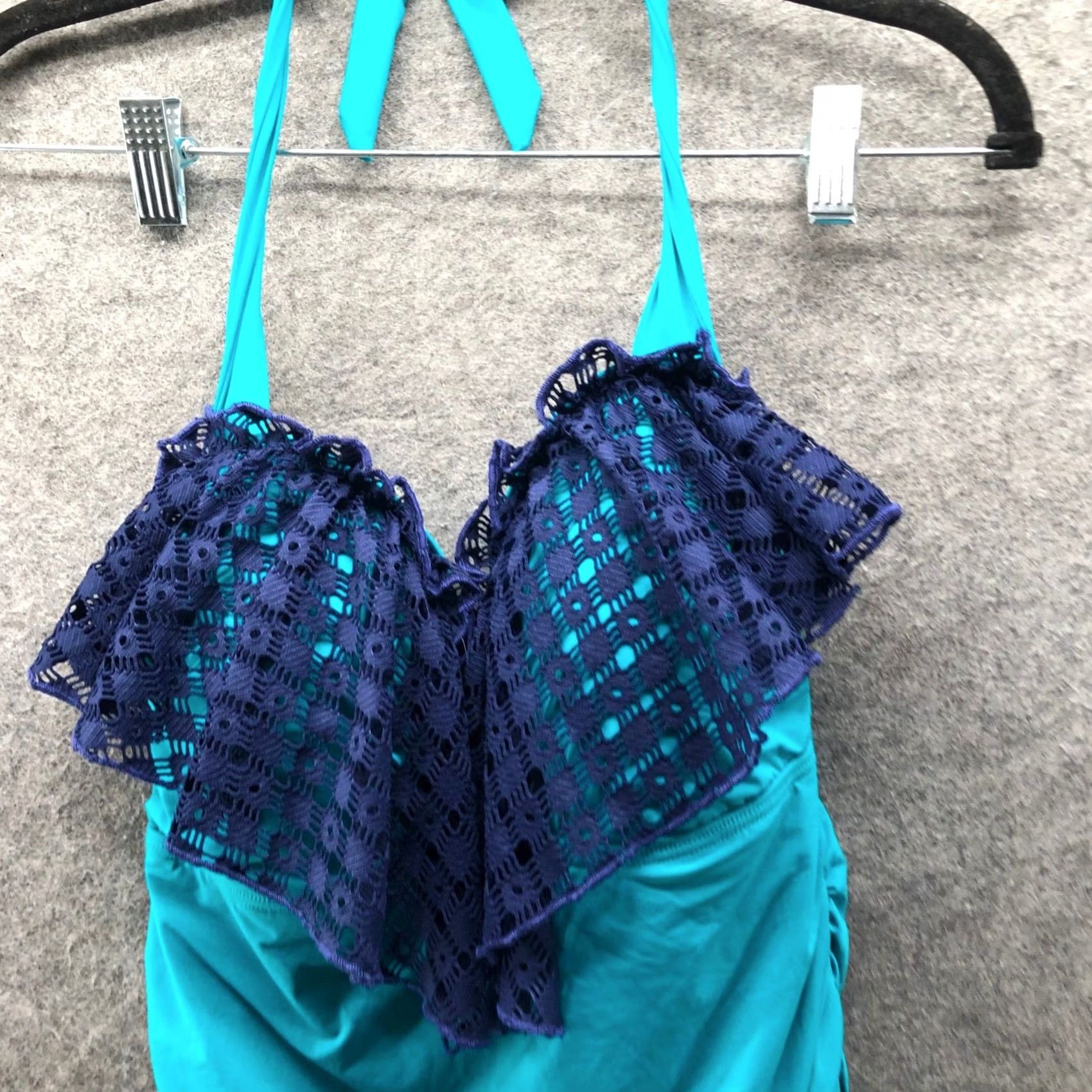 Vintage Top Womens M Blue NWT Kimi and Kai Maternity Tankini Halter Padded Ruffle Ruched Size M / US 6-8 / IT 42-44 - 6 Thumbnail