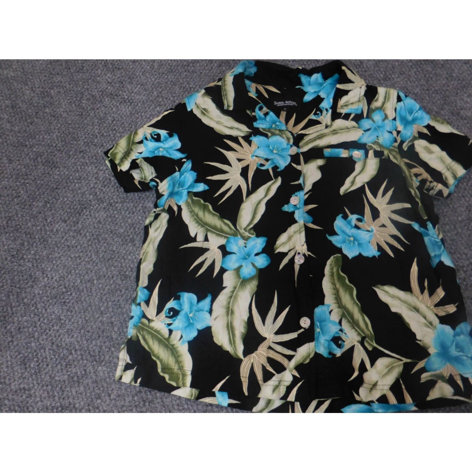 Vintage Sharon Anthony Womens Button-Up Blouse L Blue Floral Long Sleeve Crew Neck Casual Everyday Regular Stretch Size L / US 10 / IT 46 - 2 Thumbnail