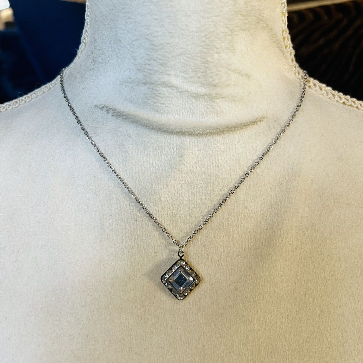 Handmade Handcrafted vintage emerald cut halo clear glass necklace Size ONE SIZE - 2 Thumbnail