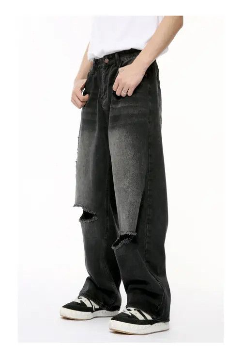 Other Street Fashion Washed Straight-Leg Ripped Jeans Size US 32 / EU 48 - 4 Thumbnail