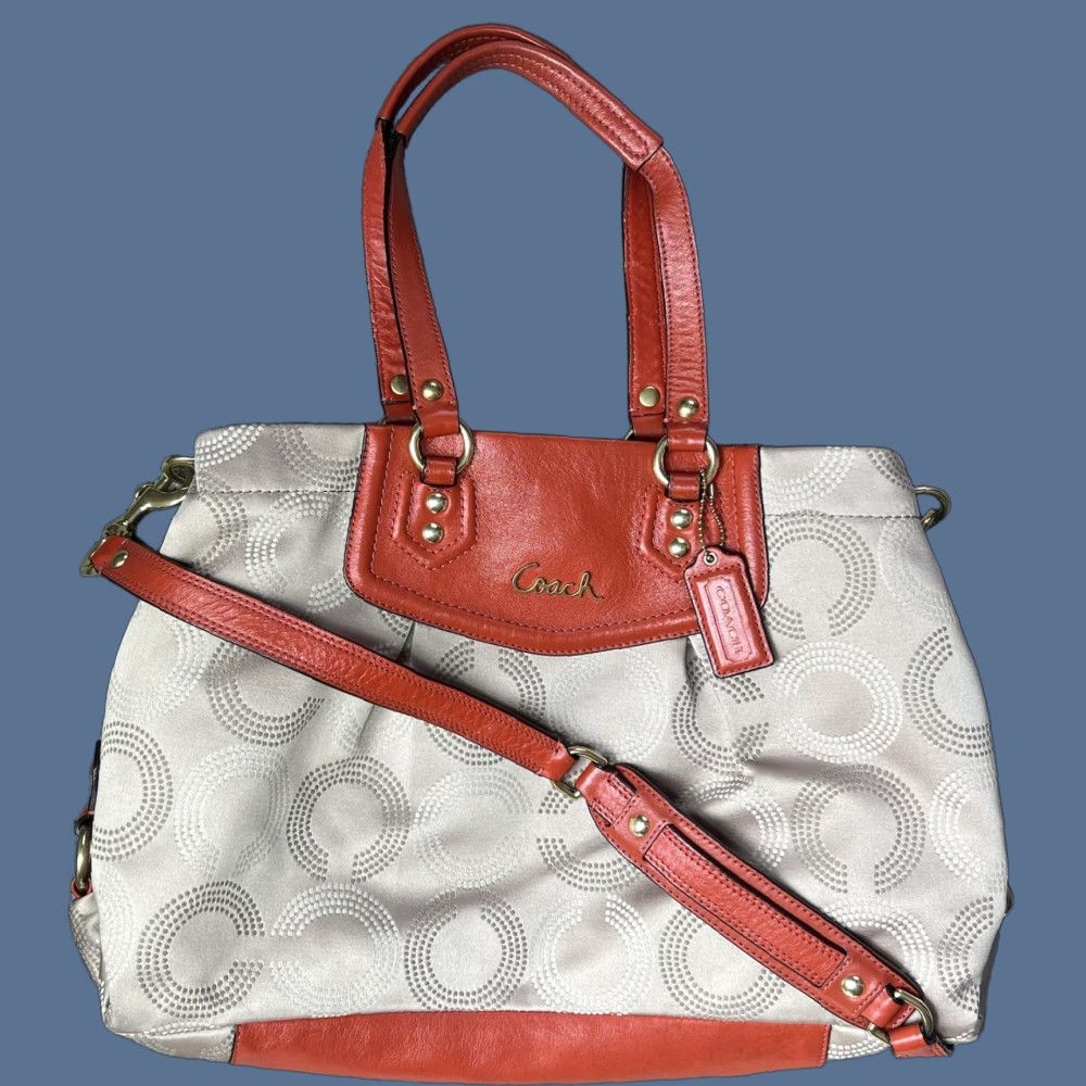 Coach Coach Shoulder Bag - F20049 Ashley Khaki Dotted Op Art Leather Trim - Detachable Strap - 15” x 10.5” x 3.5” - Women’s / Gold Hardware / Khaki Exterior Size ONE SIZE - 1 Thumbnail