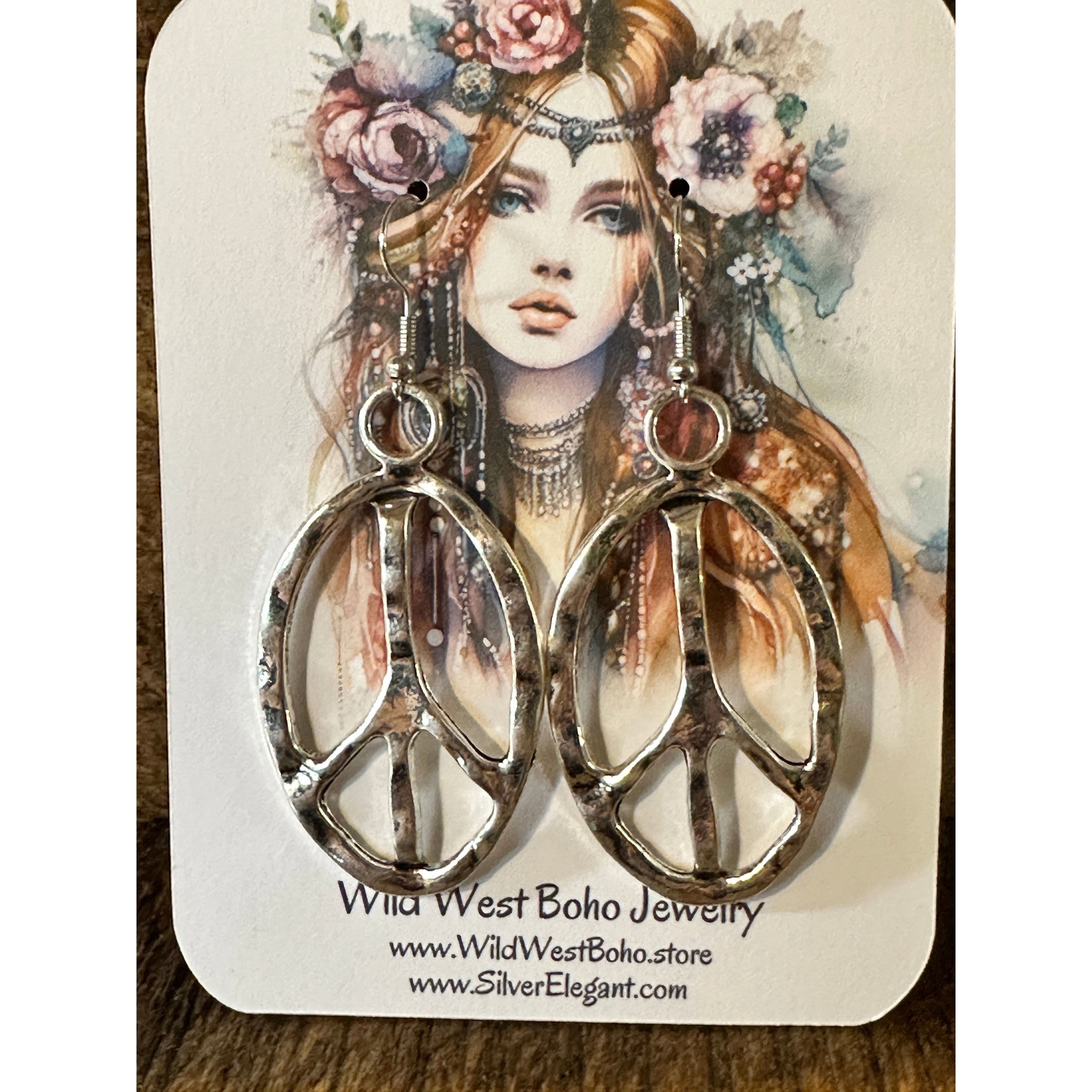 Other Boho Vintage Hippie Peace Sign Dangle Wire Earrings, Silver Size ONE SIZE - 2 Thumbnail