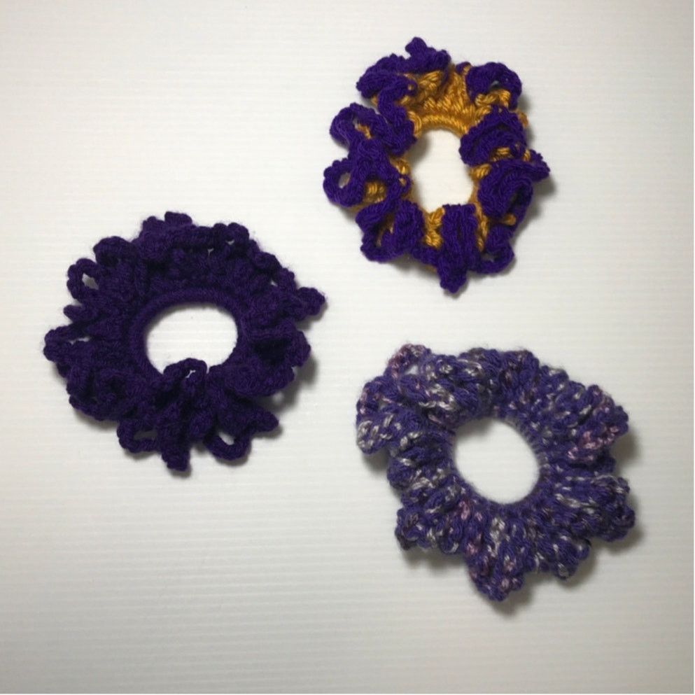 Handmade NWT Purple Gold Handmade Crocheted Hair Scrunchie Set of 3 Size ONE SIZE - 1 Thumbnail