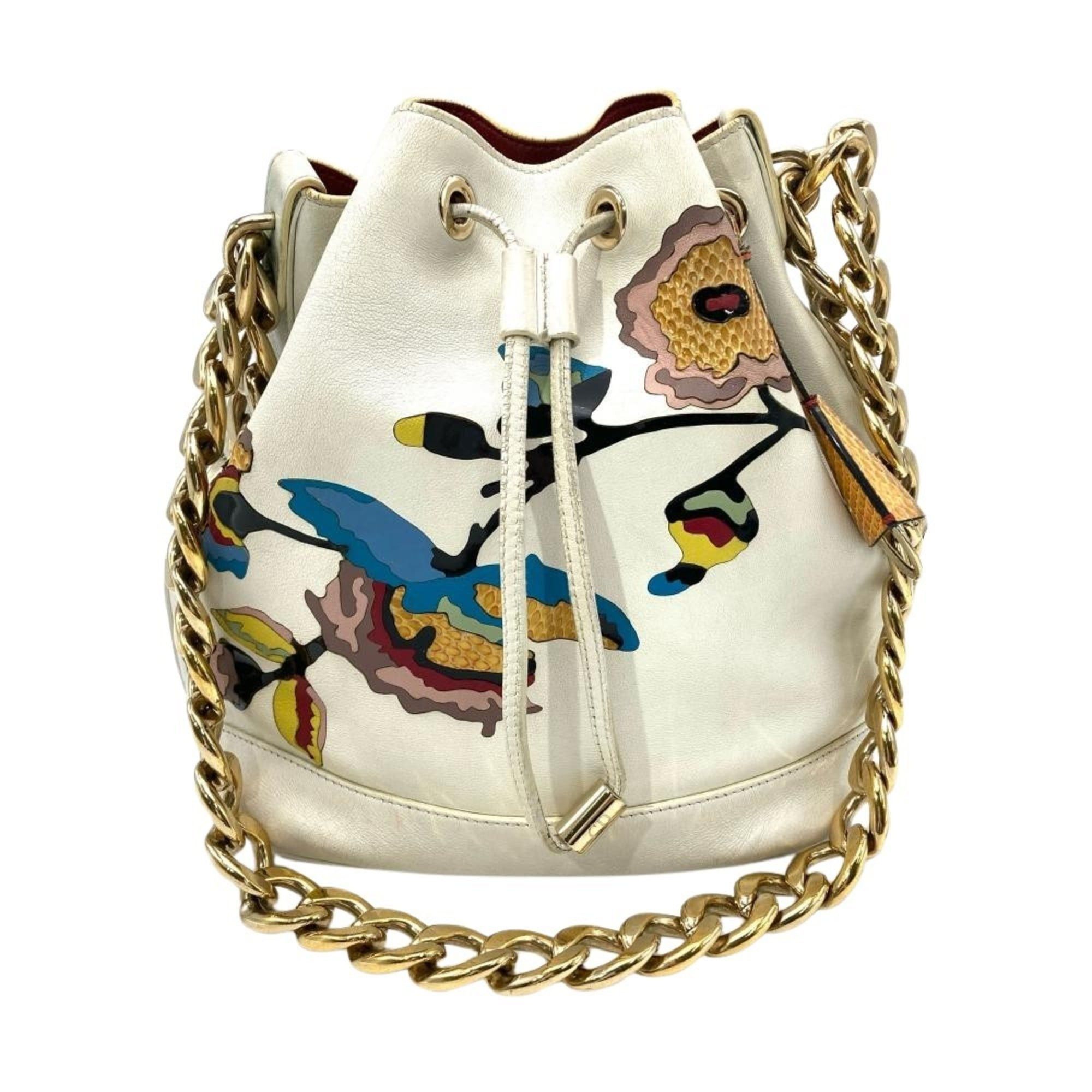 Christian Dior Dior Shoulder Bag O9-BO-1115 Leather White with Gold Hardware Flower Cutting Chain Bucket Drawstring Women's