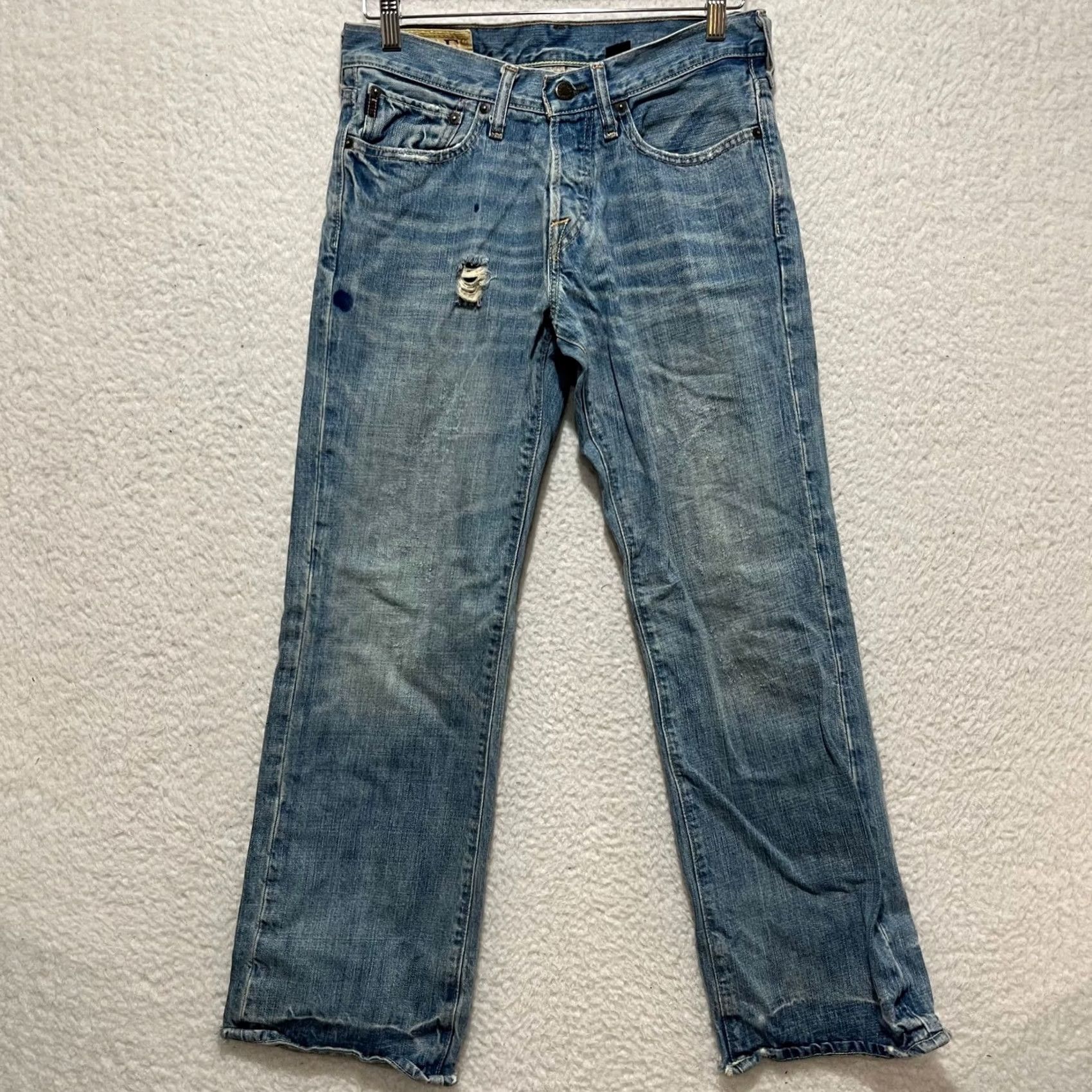 Abercrombie & Fitch Abercrombie & Fitch Mens Jeans Light Wash Distressed 5-Pocket Denim Button Closure Regular Fit Size 28 Blue Grunge Vintage: No Size US 28 / EU 44 - 2 Thumbnail