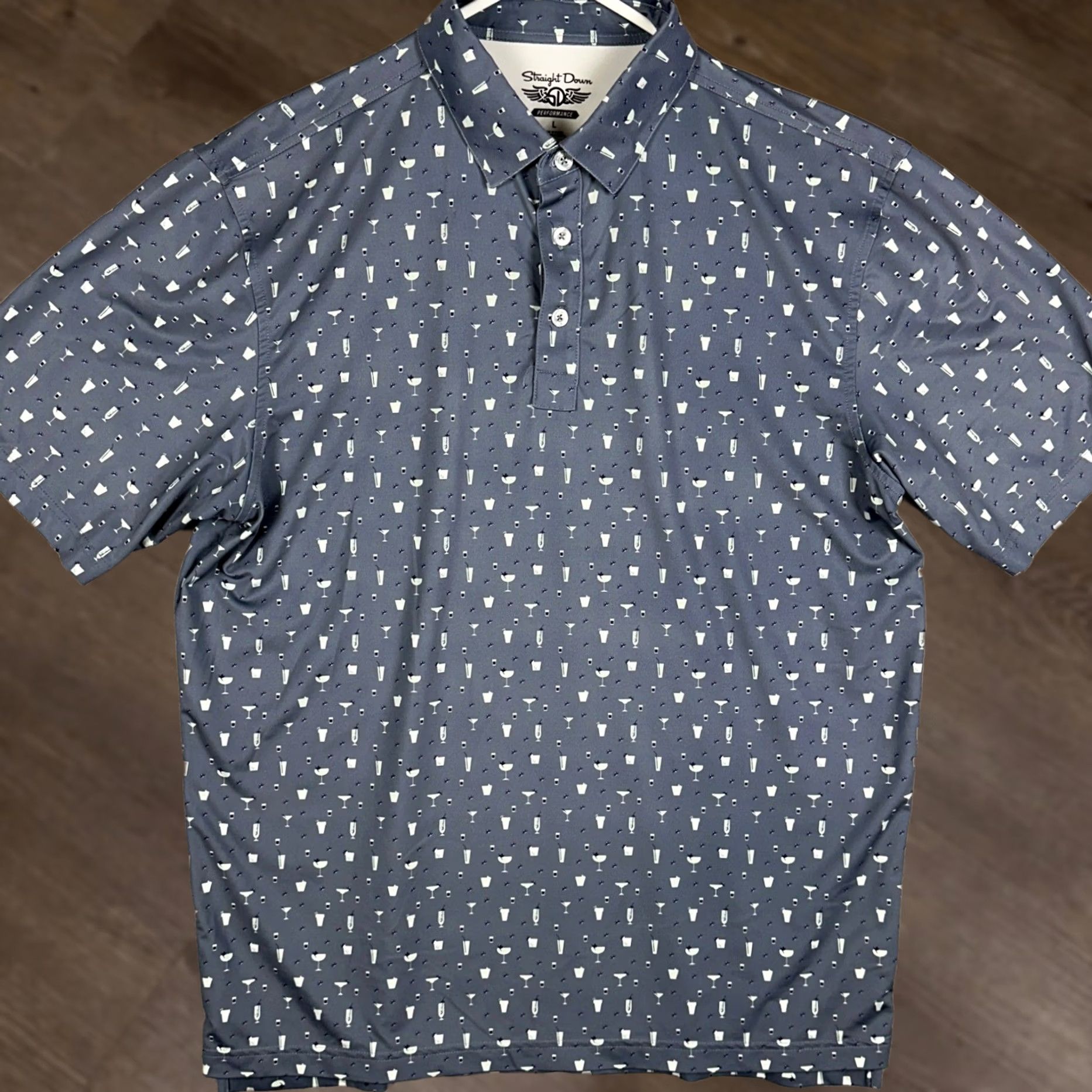 Vintage Straight Down Polo Shirt Mens L Blue-Gray Performance Golf Cocktail Print Shirt Size US L / EU 52-54 / 3 - 1 Thumbnail