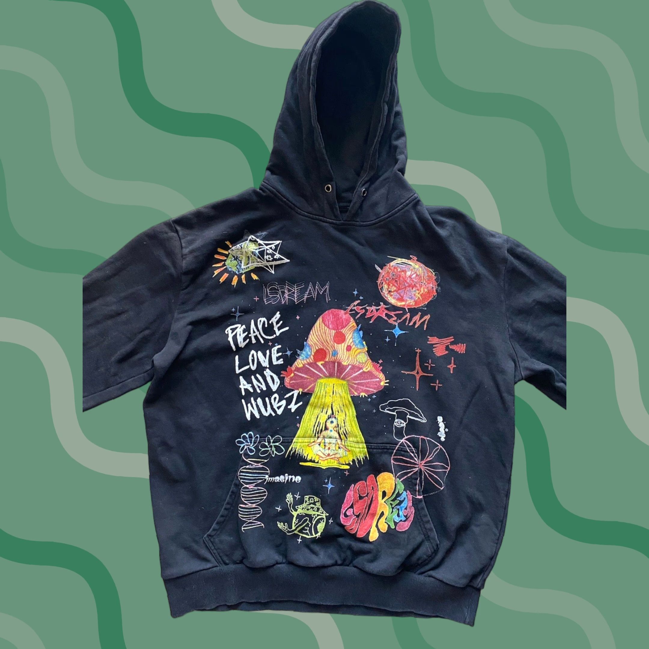 Vintage LSDREAM Hoodie Mens XL Black Pullover Peace Love & Wubz Somewhere Lost In Space Size US XL / EU 56 / 4 - 1 Thumbnail