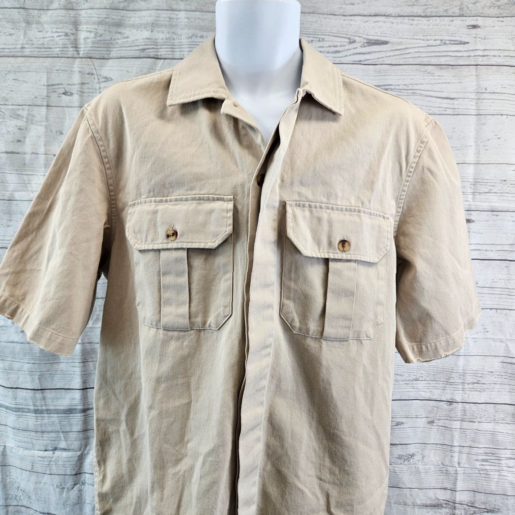Topman Topman Mens Button Front Shirt Sz M Beige Cotton Distressed Solid Short Sleeve Modern Size US M / EU 48-50 / 2 - 2 Thumbnail