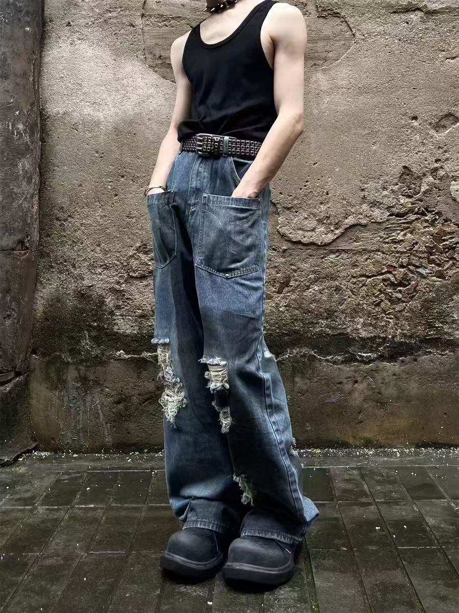 Japanese Brand × Jean Dirty Blue Destroyed Reverse Pocket Washed Ripped Jeans Size US 32 / EU 48 - 5 Thumbnail