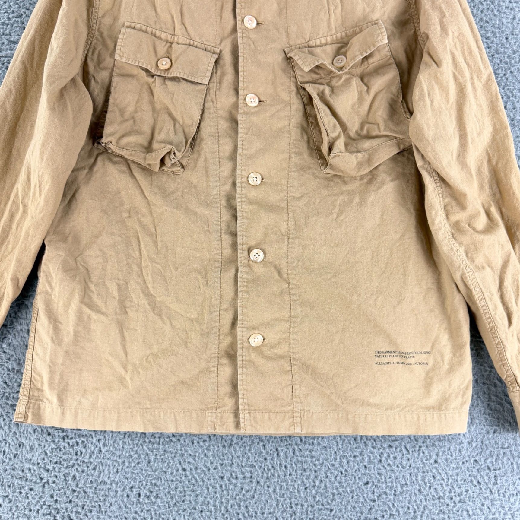 Allsaints AllSaints Strathmoor Button-Up Utility Shirt Mens Small Relaxed Fit Long Sleeve Brown Cotton Regular Pattern Solid Col Size US S / EU 44-46 / 1 - 5 Thumbnail