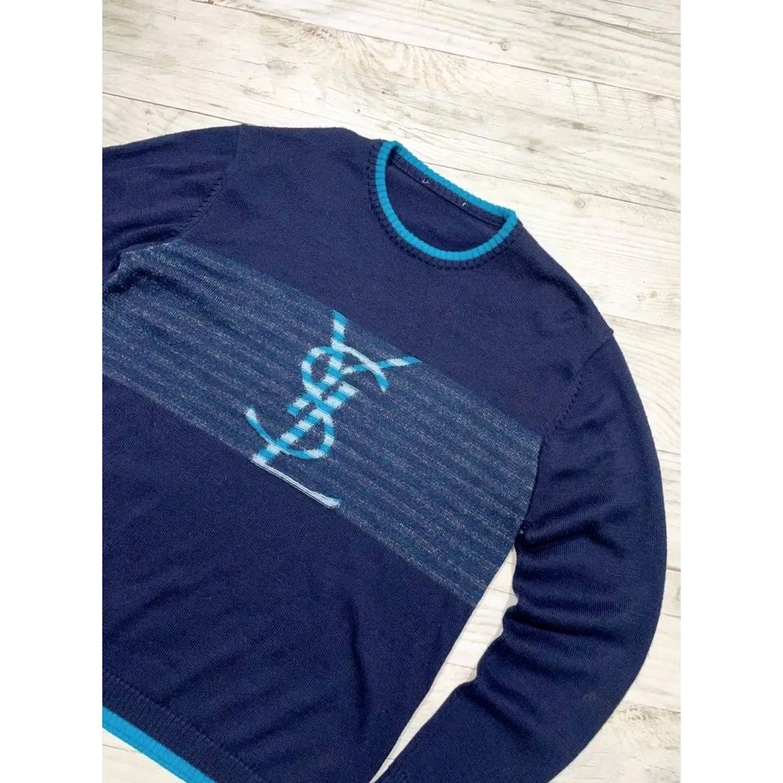 Yves Saint Laurent VINTAGE Saint Laurent Sweater Wool Big Logo YSL Luxury Men Size L Blue Pullover Crew Neck Knit Logo 90s Size US L / EU 52-54 / 3 - 2 Thumbnail