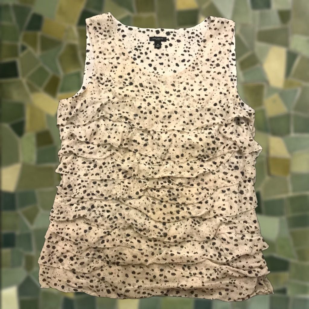 Ann Taylor VINTAGE Ann Taylor Blouse Shirt Women's Medium Tan Beige Silk Lined Sleeveless Round Neck Pullover Casual Party/Cocktail Travel Regular Womens Size M / US 6-8 / IT 42-44 - 1 Thumbnail