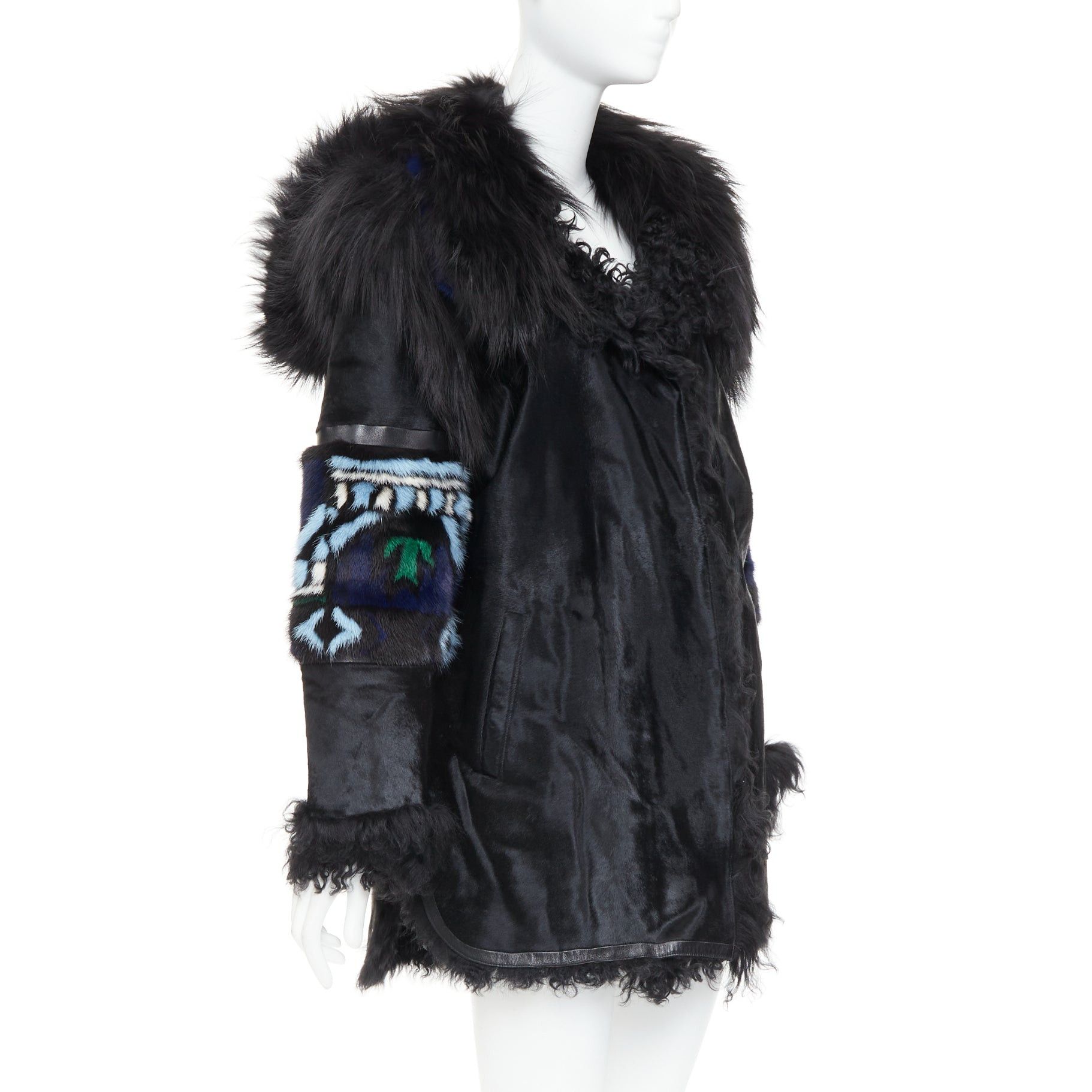 Emilio Pucci EMILIO PUCCI Vintage ethnic detail black calfskin mixed shearling raccoon fur coat IT40 S Size S / US 4 / IT 40 - 1 Thumbnail