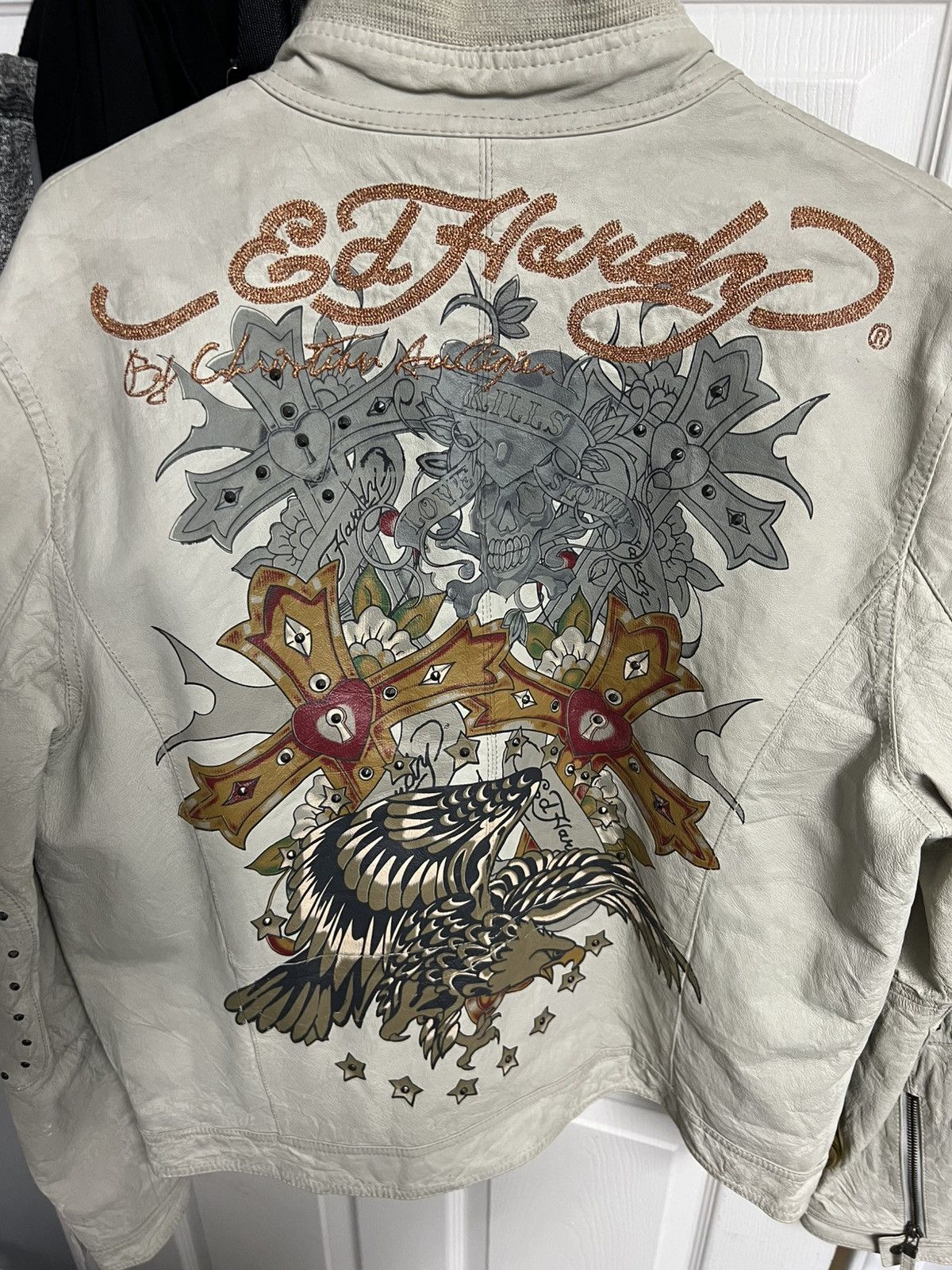 Christian Audigier × Ed Hardy Ed Hardy x Christine Audigier Leather Jacket Off White Size US XL / EU 56 / 4 - 17 Thumbnail