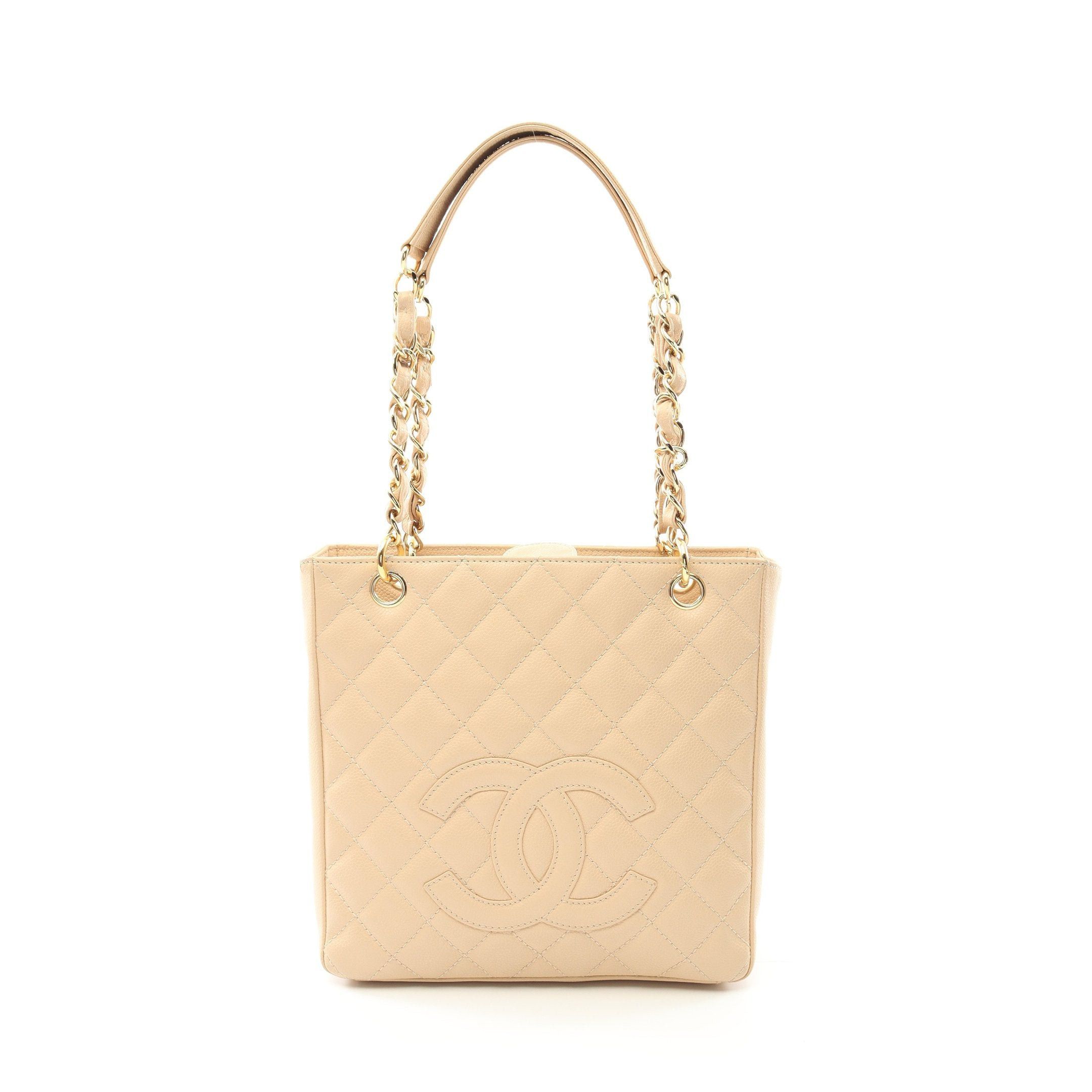 Chanel Matelasse Pst Chain Shoulder Bag Tote Caviar Skin Beige Gold Hardware
