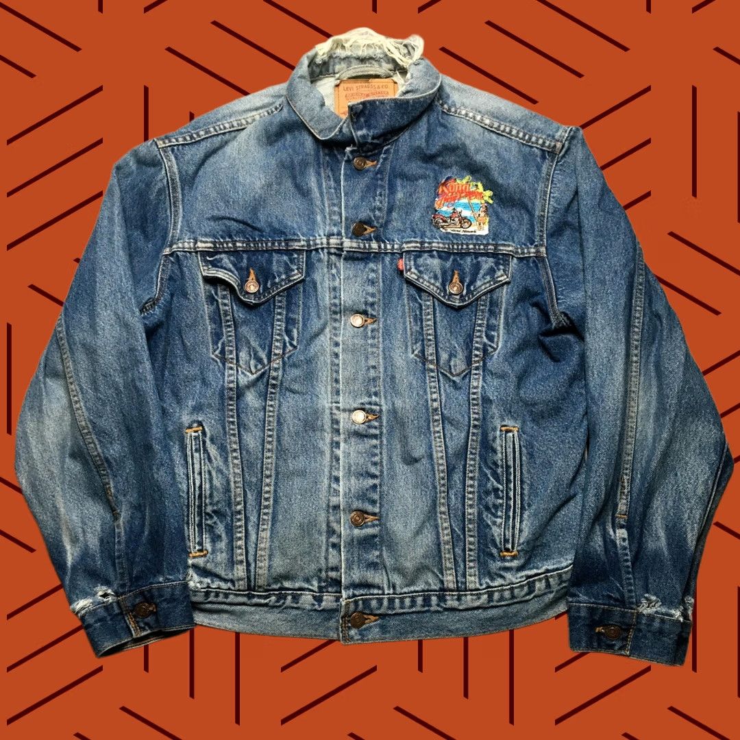 Levi's VINTAGE Levi's Jacket Mens XL Blue Denim Trucker Kona Hawaii Patch Distressed 90s Harley Biker Vintage Panama City Hawaii Patch Crew? Size US XL / EU 56 / 4 - 1 Thumbnail