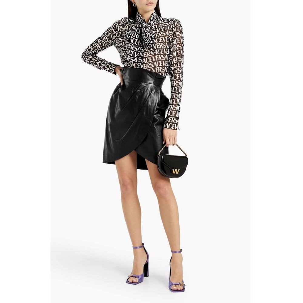 Versace Versace Wrap-effect Pleated Leather Mini Skirt Black IT 42 6 Size 28" / US 6 / IT 42 - 1 Thumbnail