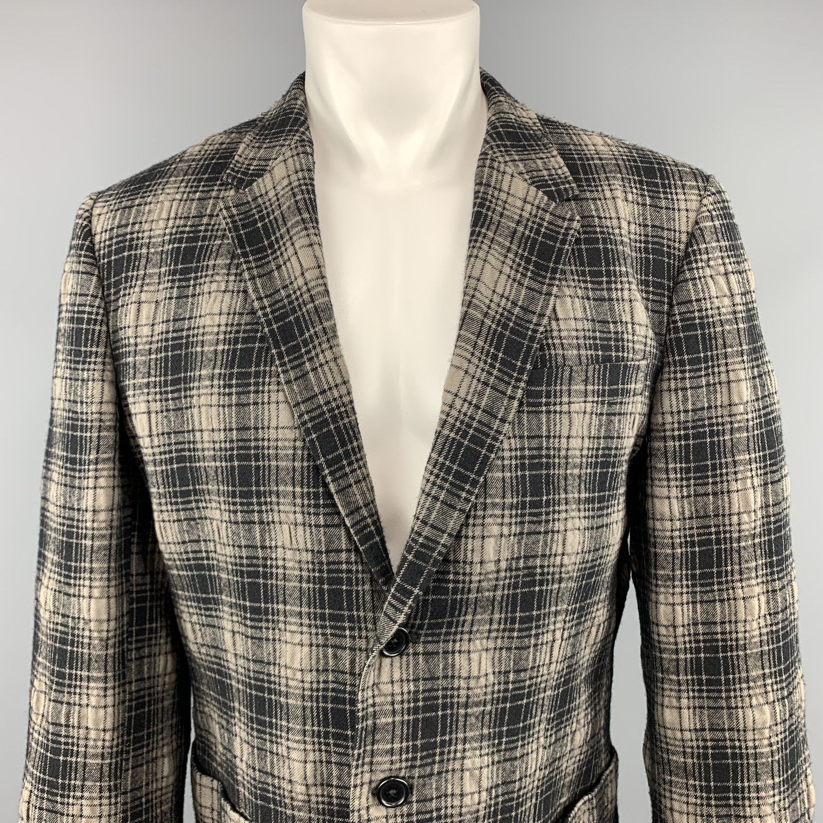 Paul Smith Sz 40 Plaid Black/Grey Wool/Cotton Sport Coat Size 40R - 2 Thumbnail