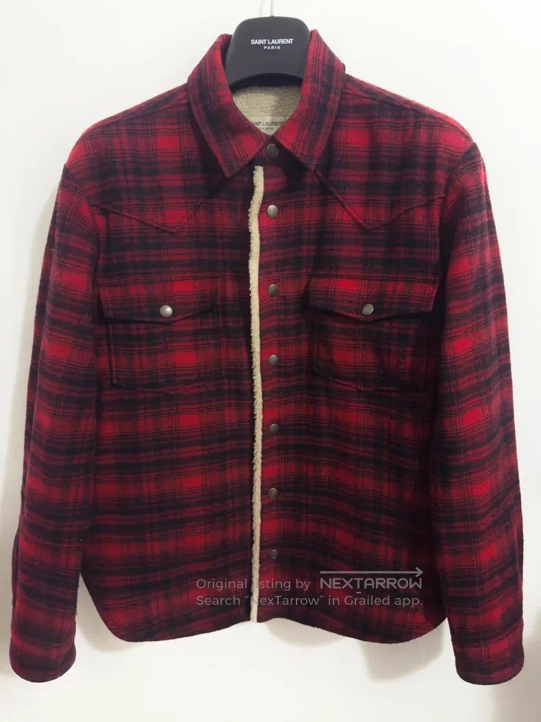 Saint Laurent Paris Saint Laurent Paris Black and Red Plaid Shirt with Fur Lin Size US S / EU 44-46 / 1 - 1 Thumbnail