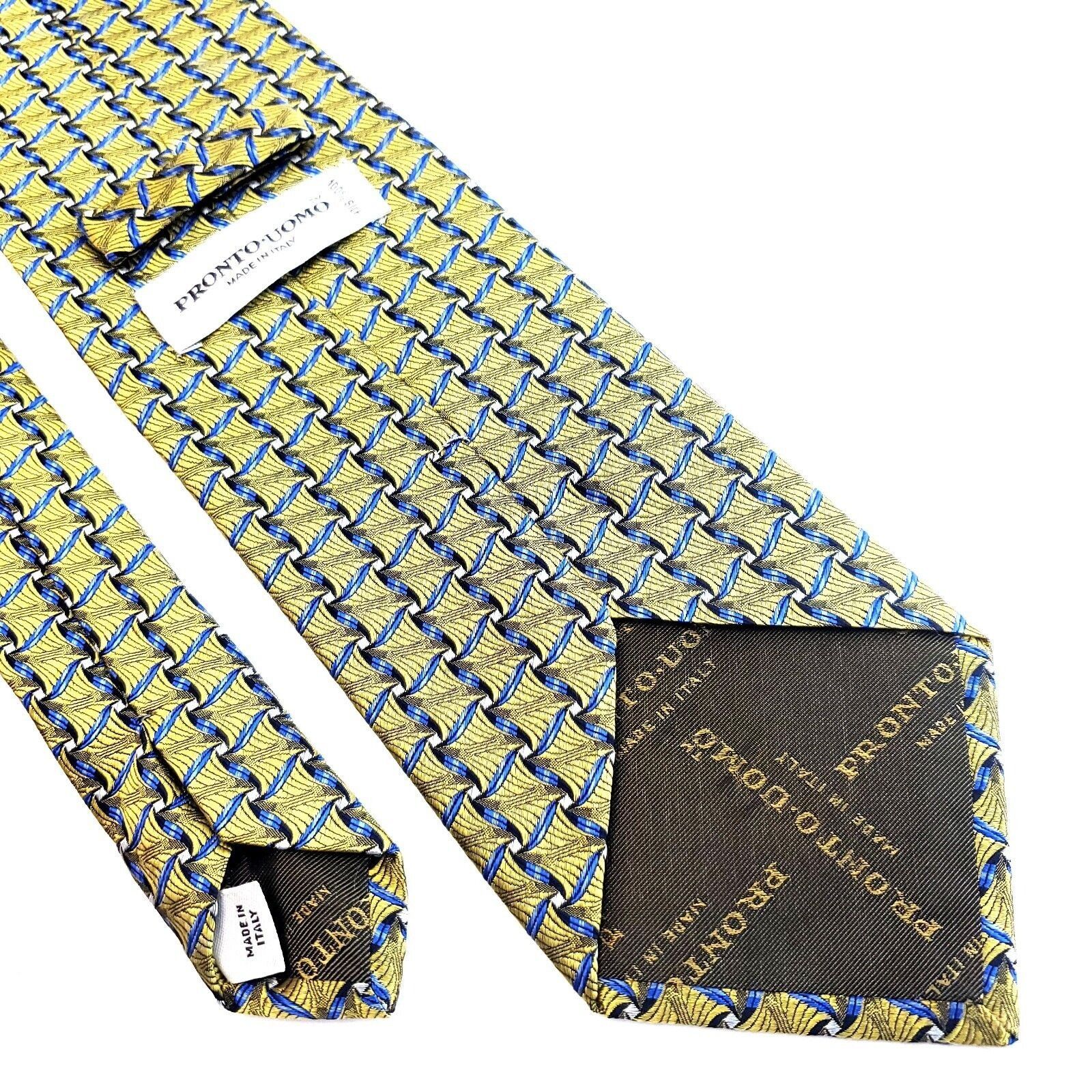 Pronto Uomo Pronto Uomo Yellow Blue Geometric Woven Italian Wide Silk Ti Size ONE SIZE - 5 Thumbnail