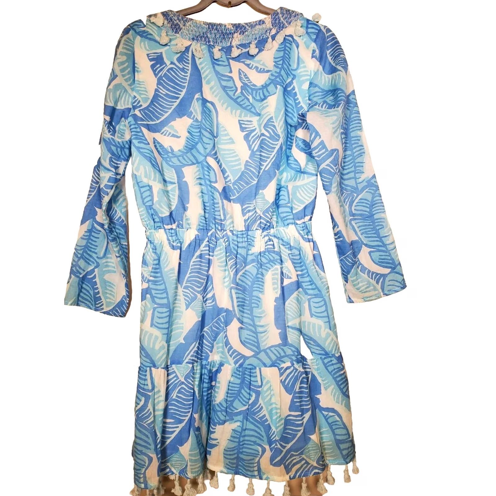 Vintage Sail to Sable Blue Palm Print Long Sleeve Tiered Tunic Flare Dress Women's S Size S / US 4 / IT 40 - 2 Thumbnail