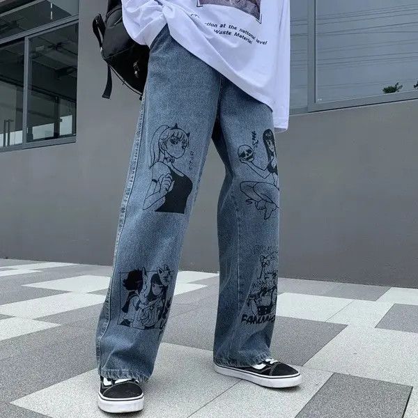 Designer Unisex jeans graffiti print Korean American hip-hop style Size US 32 / EU 48 - 6 Thumbnail