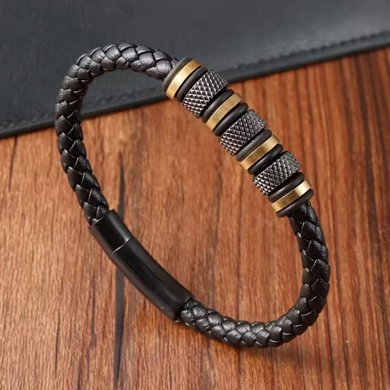 Other Men’s Stainless Steel Beaded Black Leather Bracelet 8” Size ONE SIZE - 3 Thumbnail