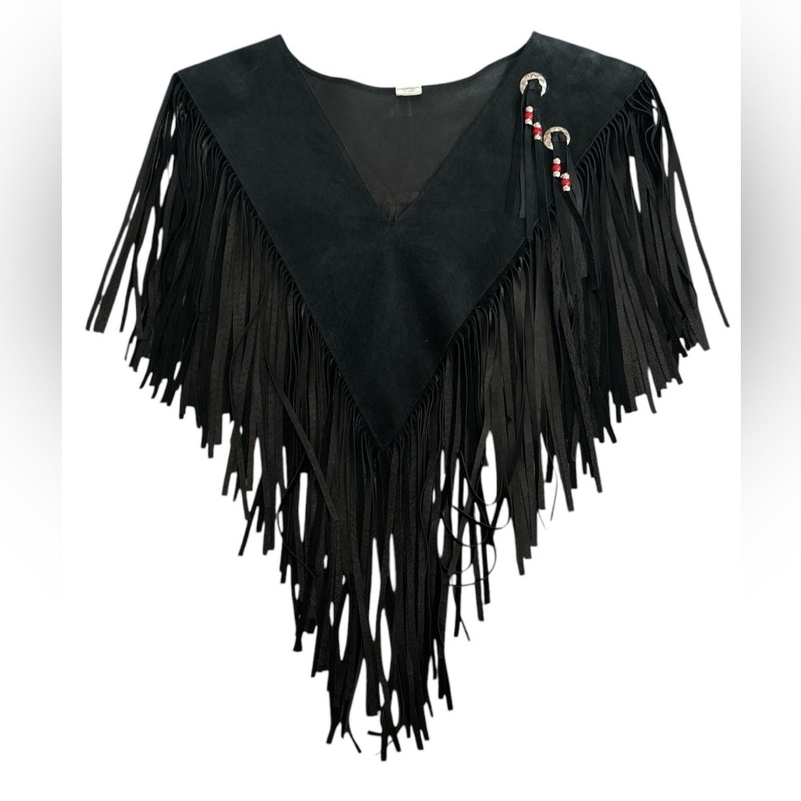 Handmade Black Leather Fringe Shawl Western Cowgirl Style Beaded Size ONE SIZE - 1 Thumbnail