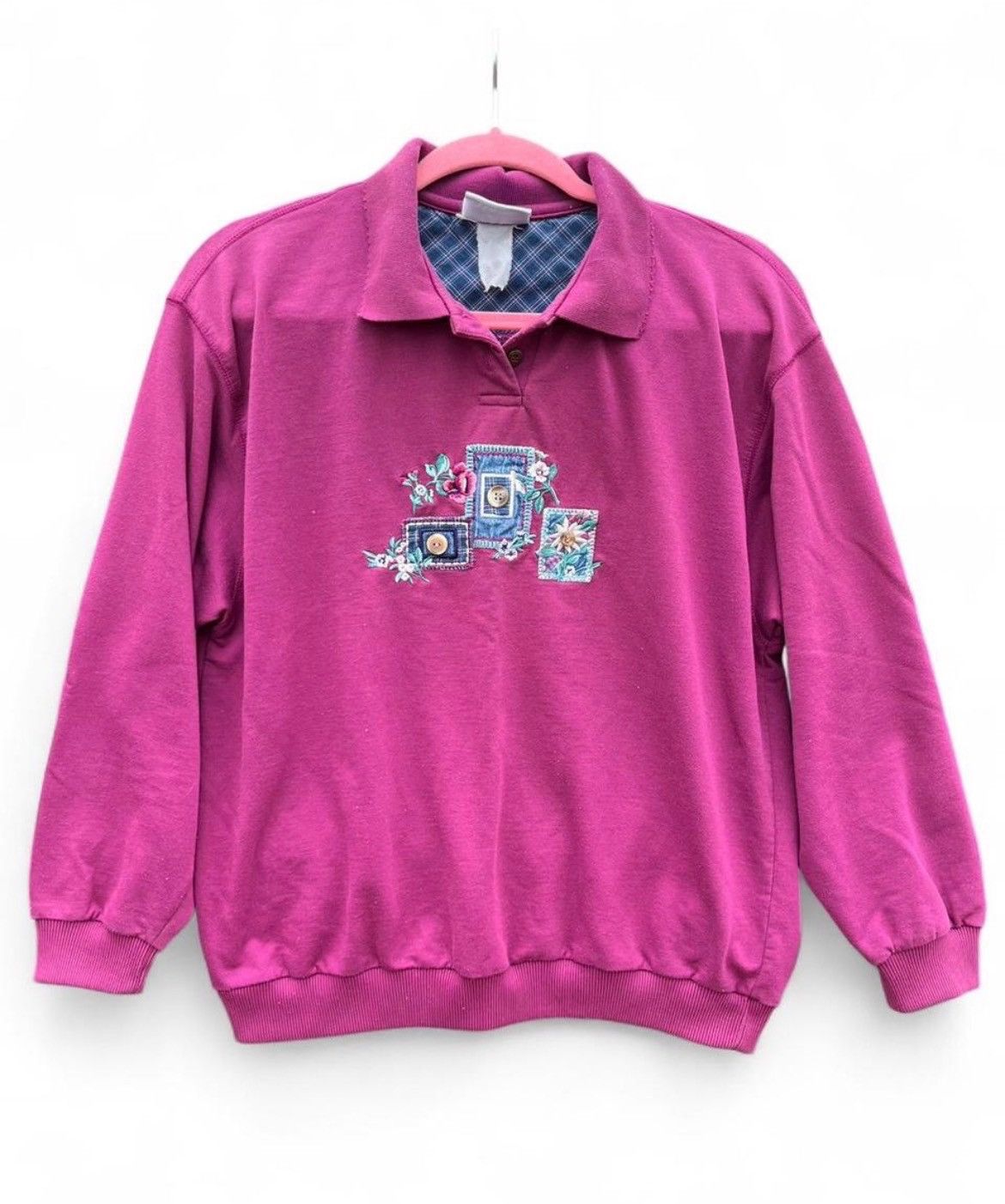 Jantzen Vintage 90s Magenta Collared Sweatshirt w Embroidered Floral Size L / US 10 / IT 46 - 1 Thumbnail