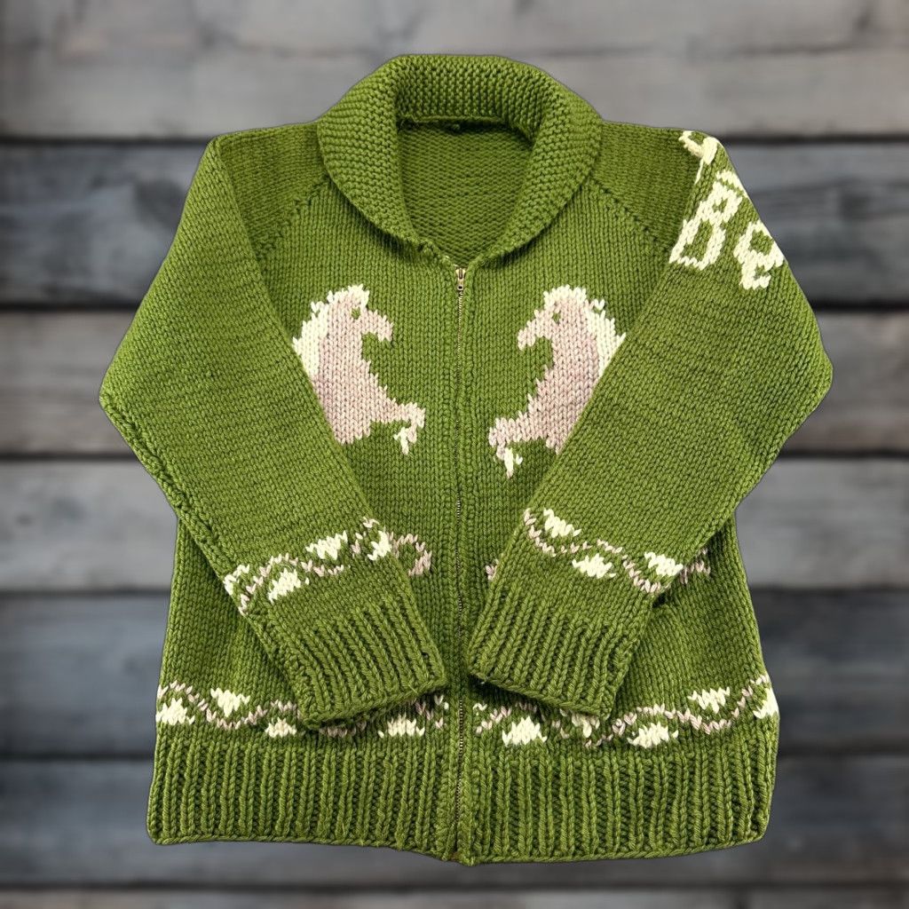Native VINTAGE Cowichan Sweater Mens XL Green Full Zip Wool Shawl Native Peacewheel 50s Sweater Size US XL / EU 56 / 4 - 1 Thumbnail