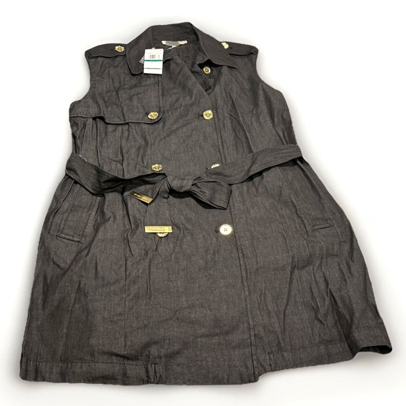 Michael Kors NWT Michael Kors Women's Chambray Trenchcoat Dress Black Rinse L Mini Sleeveless V-Neck Belted 100% Cotton Size L / US 10 / IT 46 - 3 Thumbnail