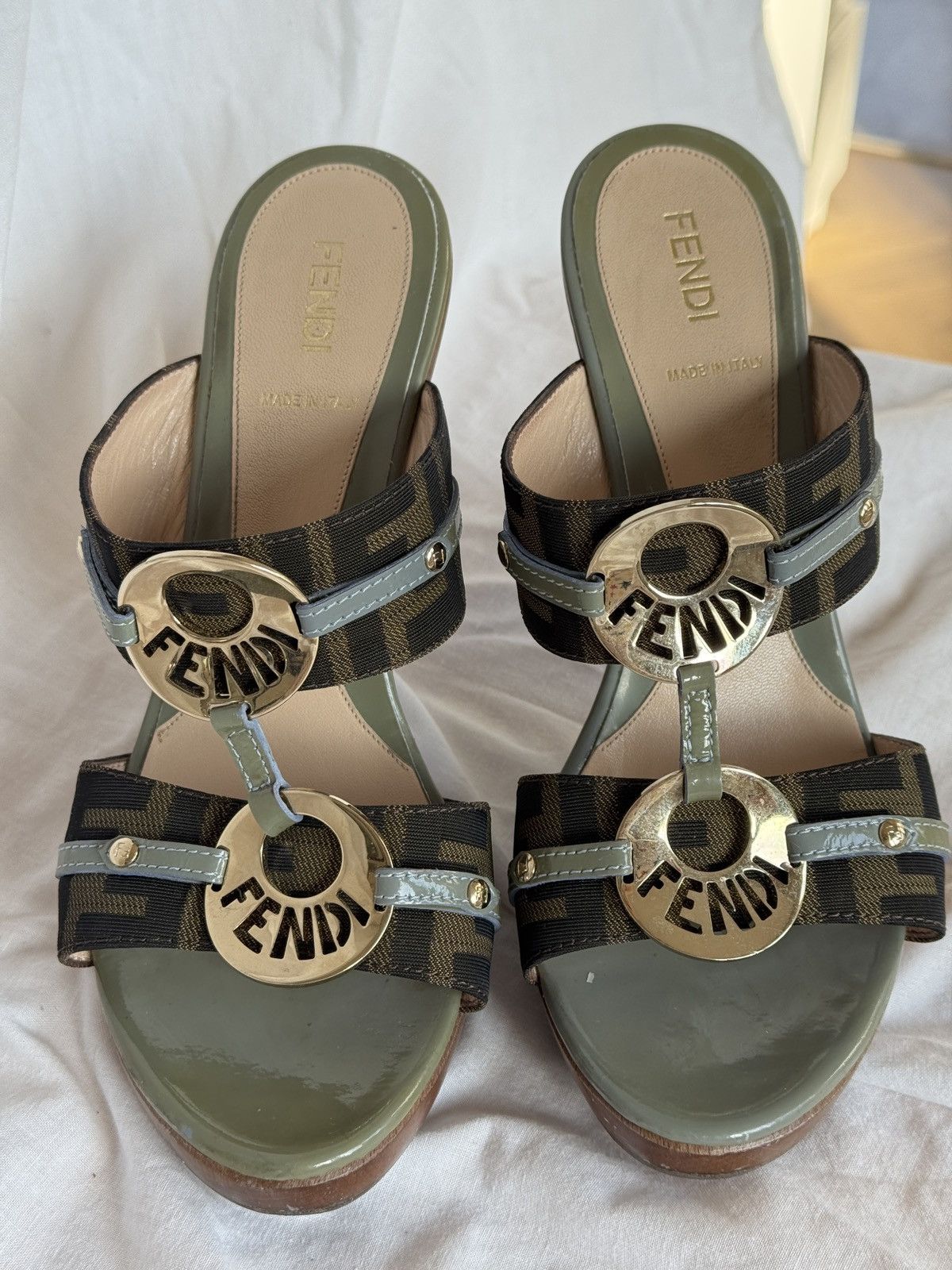 Fendi Fendi Tobacco Canvas Leather Trim Logo Wooden Mules Clogs Size US 7 / IT 37 - 7 Thumbnail