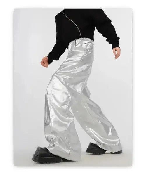 Jean Silver Pu Leather Pants with Many Zippers Trousers Size US 34 / EU 50 - 2 Thumbnail