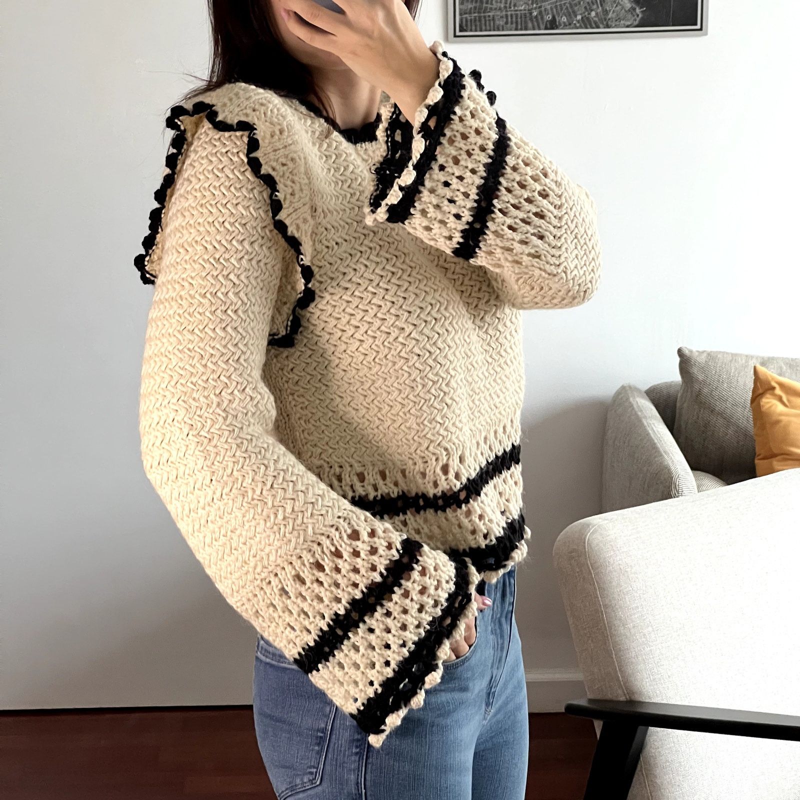 Mango Mango Sweater With Ruffled Openwork Details size M Ecru S1 Size M / US 6-8 / IT 42-44 - 2 Thumbnail