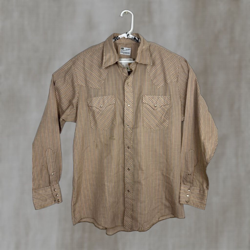 VINTAGE Dickson Jenkins Mens XL Long Sleeve Button-Up Plaid Tan Blue Pearl Snap Collar Western Shirt