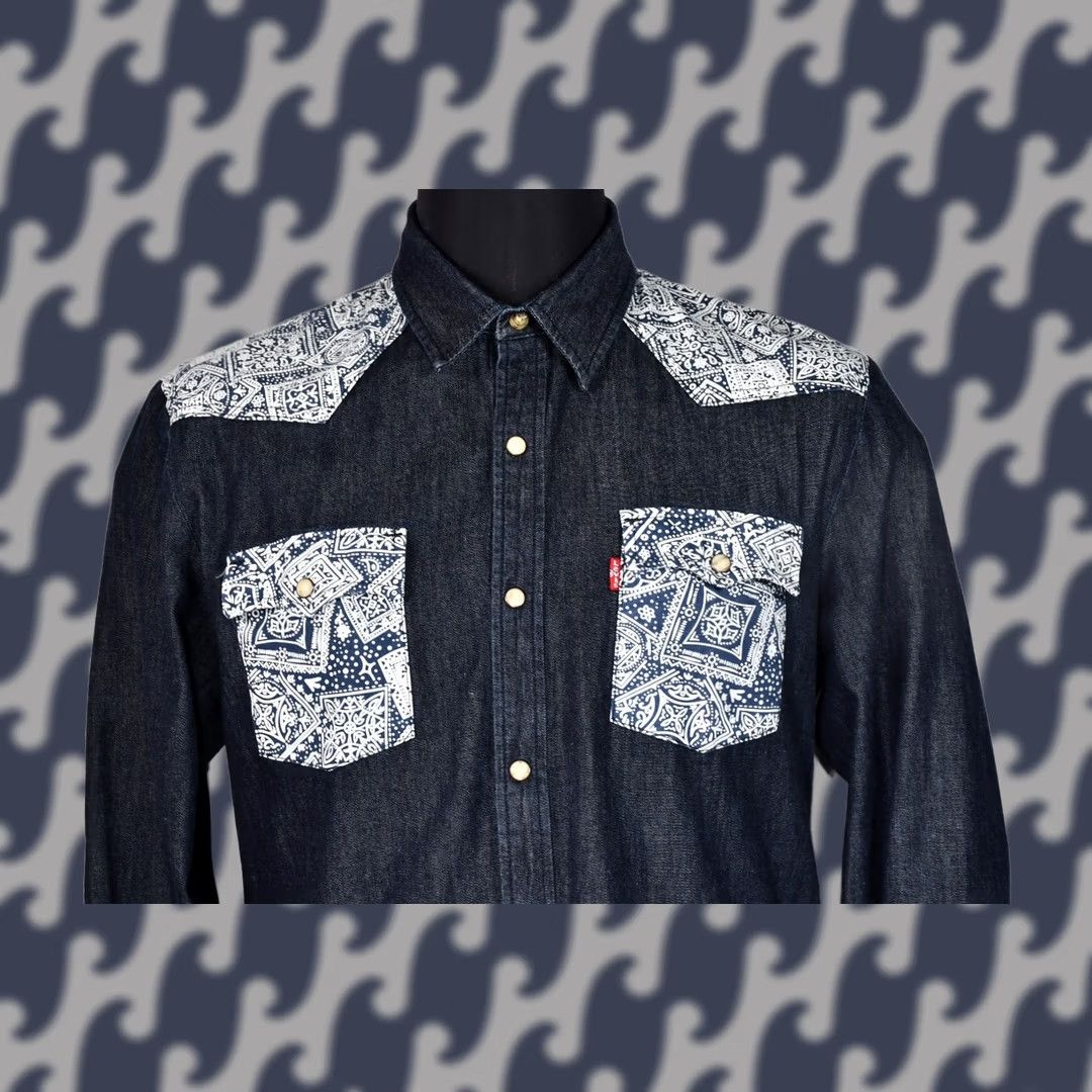 Levi's Levi's Western Shirt Denim Bandana Pearl Snap size L Men Blue Regular Short Sleeve? Size US L / EU 52-54 / 3 - 1 Thumbnail